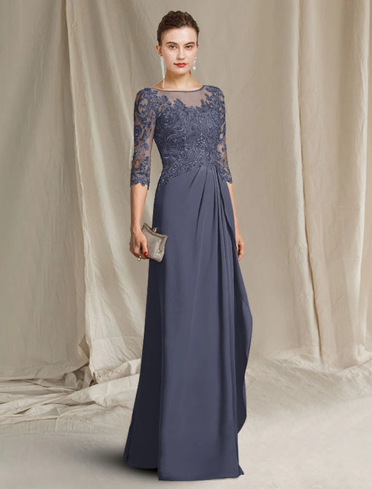 Sheath / Column Mother of the Bride Dress Elegant Plus Size Jewel Neck Floor Length Chiffon Lace 3/4 Length Sleeve with Pleats Ruffles Appliques