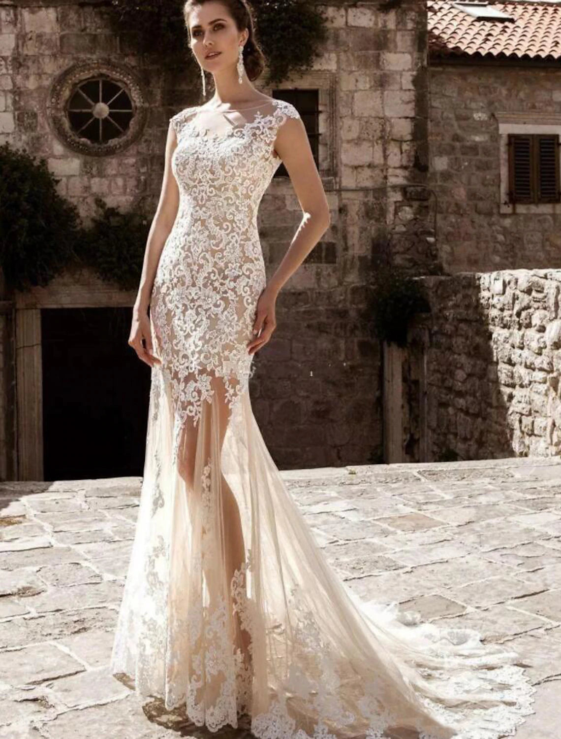 Engagement Formal Wedding Dresses Mermaid / Trumpet Illusion Neck Cap Sleeve Court Train Lace Bridal Gowns With Appliques