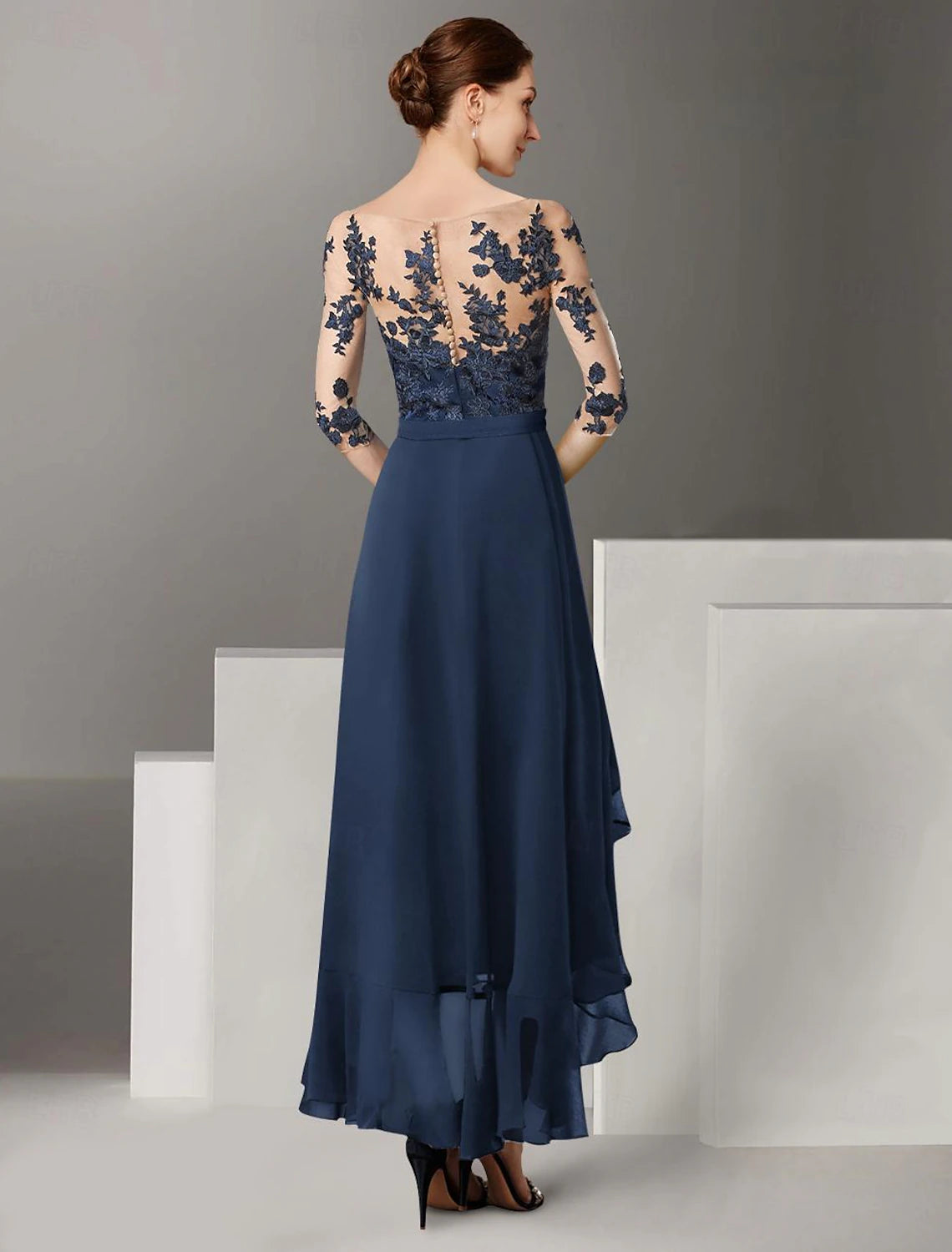 A-Line Mother of the Bride Dress Formal Wedding Guest Elegant High Low Off Shoulder Ankle Length Chiffon Lace Half Sleeve with Pleats Appliques