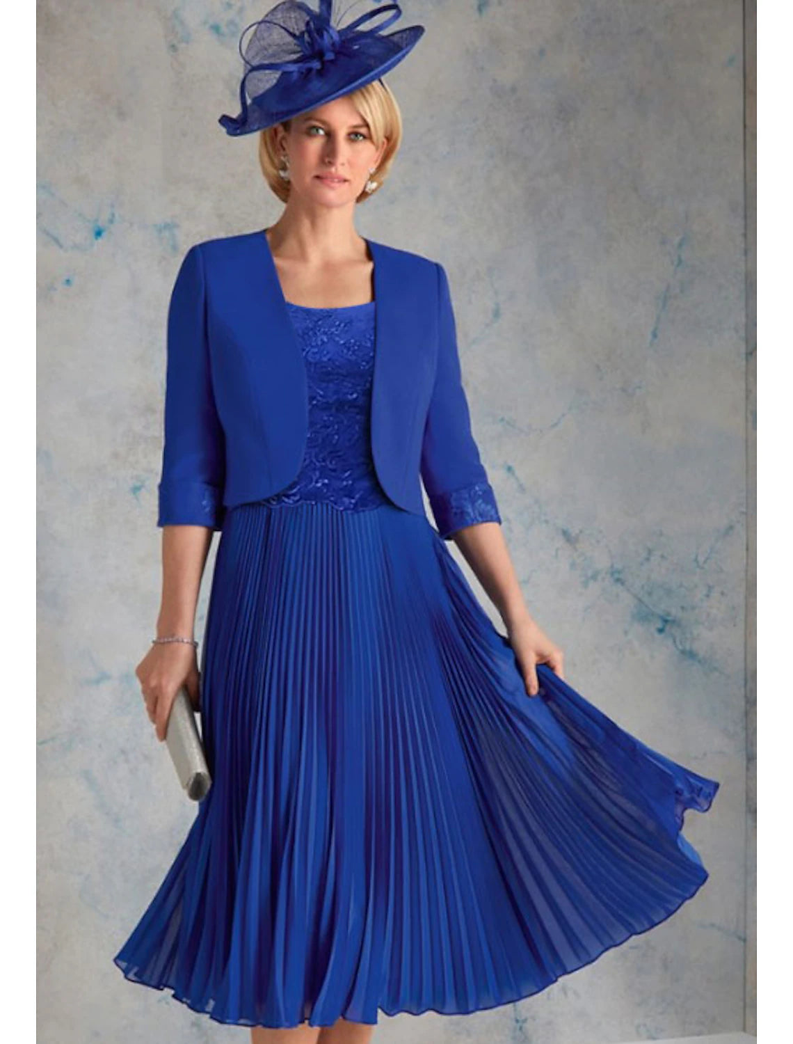 Two Pieces Jacket Dresses  Scoop Neck Tea Length Wedding Guest Chiffon 3/4 Length Sleeve Short Mother of the Bride Dress with Lace Ruching