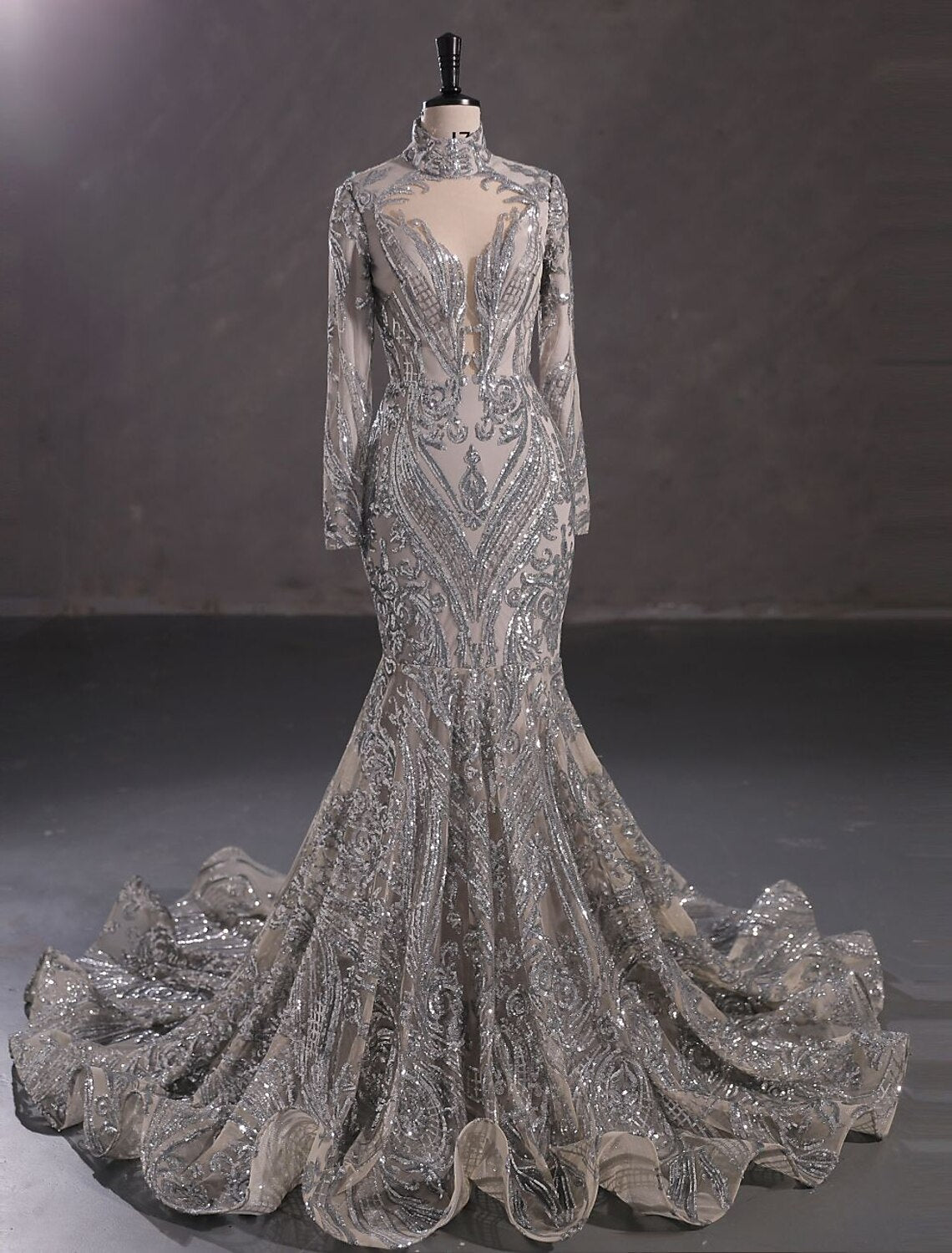 Mermaid Party Dress Evening Gown Sparkle & Shine Dress Carnival Christmas Red Green Dress Court Train Long Sleeve Stand Collar Lace with Sequin