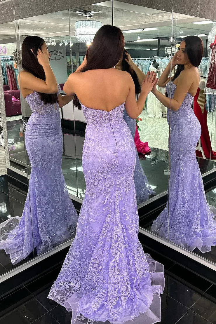 Mermaid Strapless Sweetheart Light Purple Long Prom Dresses with Appliques