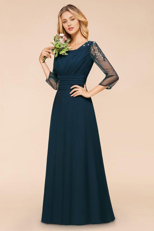Sheath Column 3/4 Sleeves Chiffon Wedding Guest Evening Dress Floor -Length Dark Navy Bridesmaid Dresses/Mother of the bride Dress with Beading