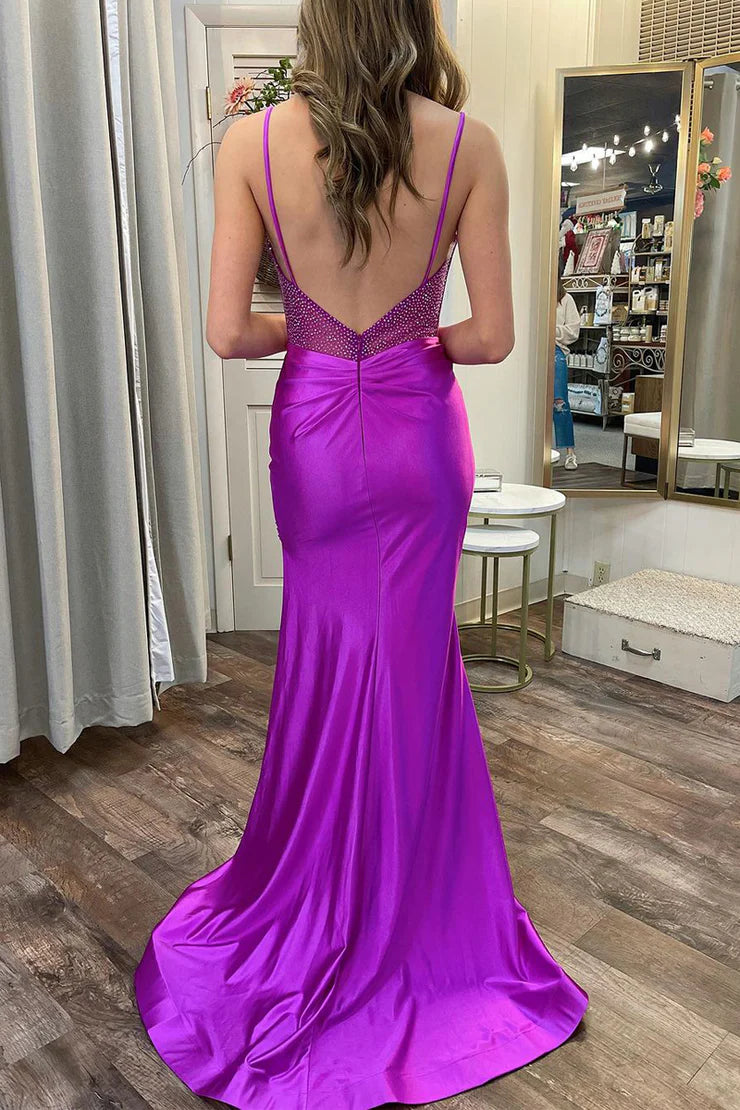 Mermaid Spaghetti Straps Sweetheart Satin Long Prom Dresses with Beading