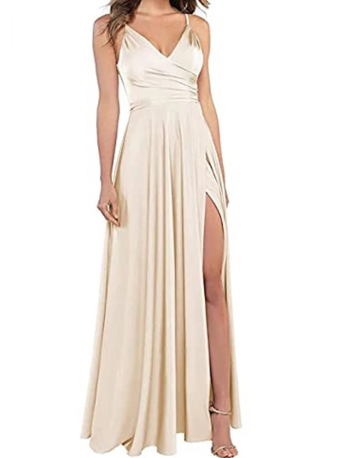 A-Line Wedding Guest Prom Floor Length Sleeveless Spaghetti Strap Bridesmaid Dress Satin with Slit