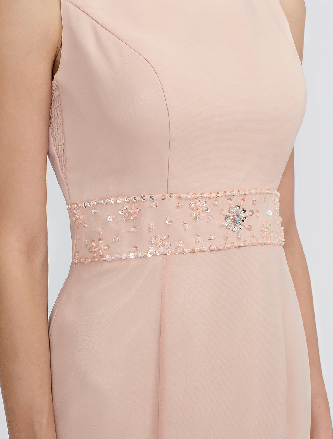 Two Piece Sheath / Column Mother of the Bride Dress Wedding Guest Elegant Plus Size Jewel Neck Tea Length Chiffon Sleeveless Wrap Included with Sash / Ribbon Pleats Beading