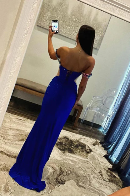 Mermaid Off the Shoulder Royal Blue Beading Long Prom Dresses With Appliques