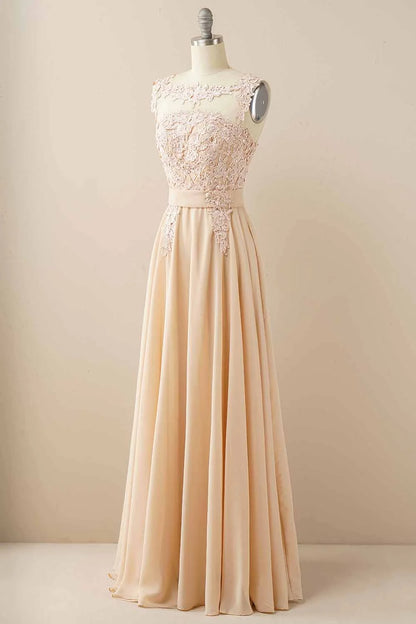 Chiffon Floor Length Beaded Bateau Prom Dress With Appliques