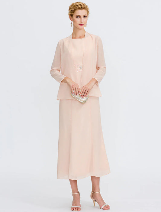 Two Piece Sheath / Column Mother of the Bride Dress Fall Wedding Guest Dresses Plus Size Elegant Jewel Neck Tea Length Chiffon Sleeveless Included with Sash / Ribbon Pleats Beading