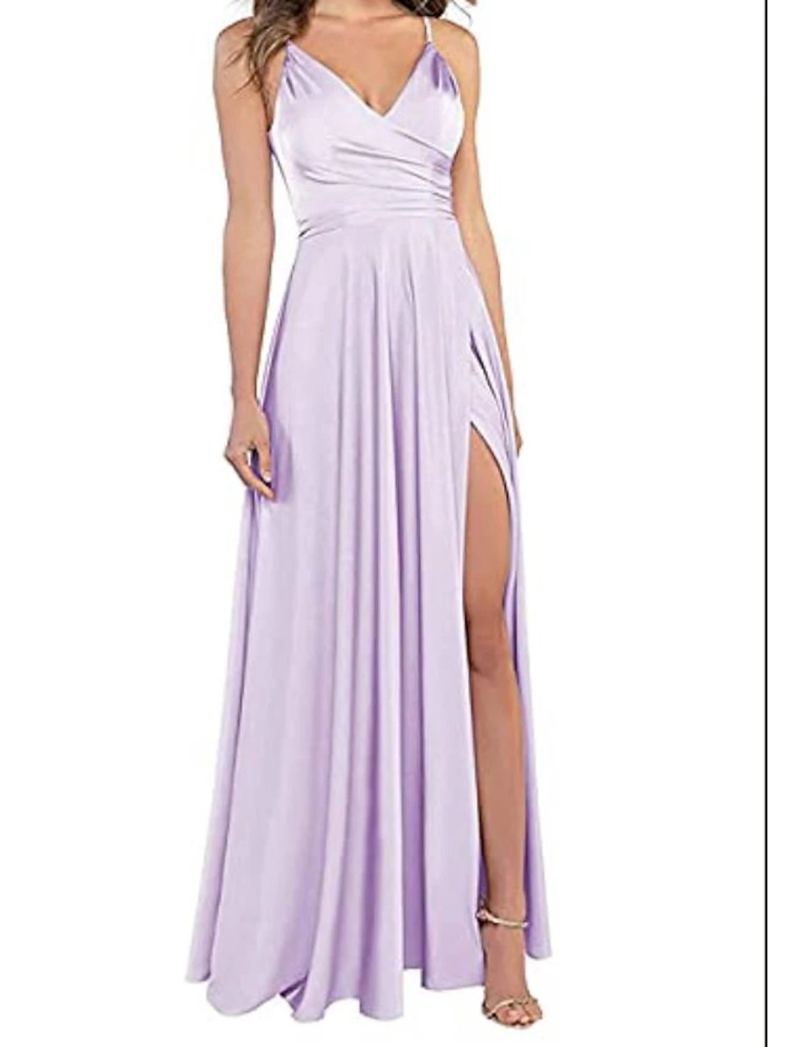 A-Line Wedding Guest Prom Floor Length Sleeveless Spaghetti Strap Bridesmaid Dress Satin with Slit