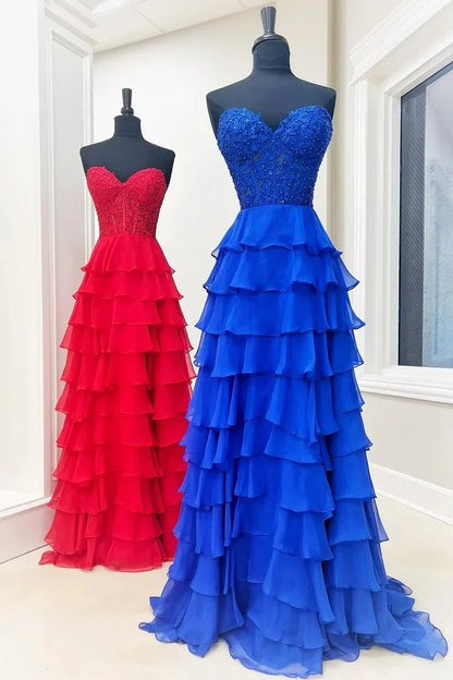 A-Line Strapless Royal Blue Ruffle Tiered Chiffon Long Prom Dress