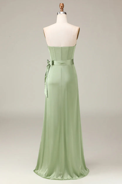 A-line Matcha Strapless Corset Satin Bridesmaid Dress with Slit