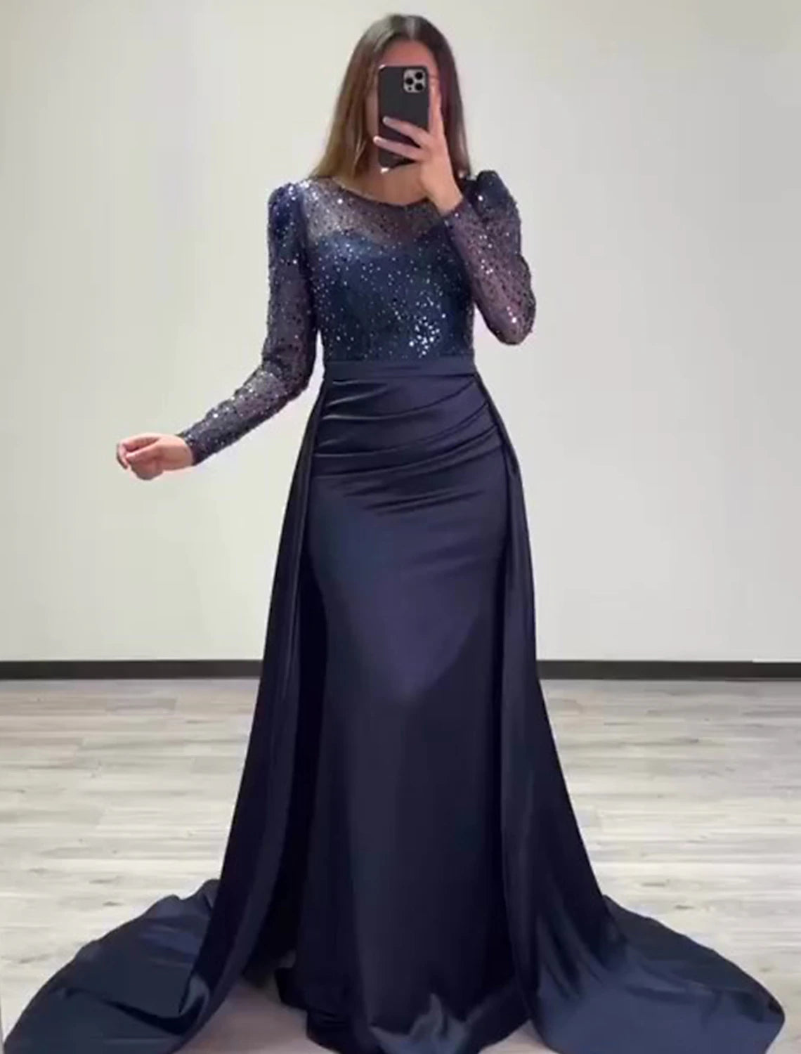 Mermaid Sequin Evening Gown Ruched Satin Dress Long Sleeves Floor Length Sparkle Illusion Neck Prom Wedding Guest Dress with Pearls Overskirt