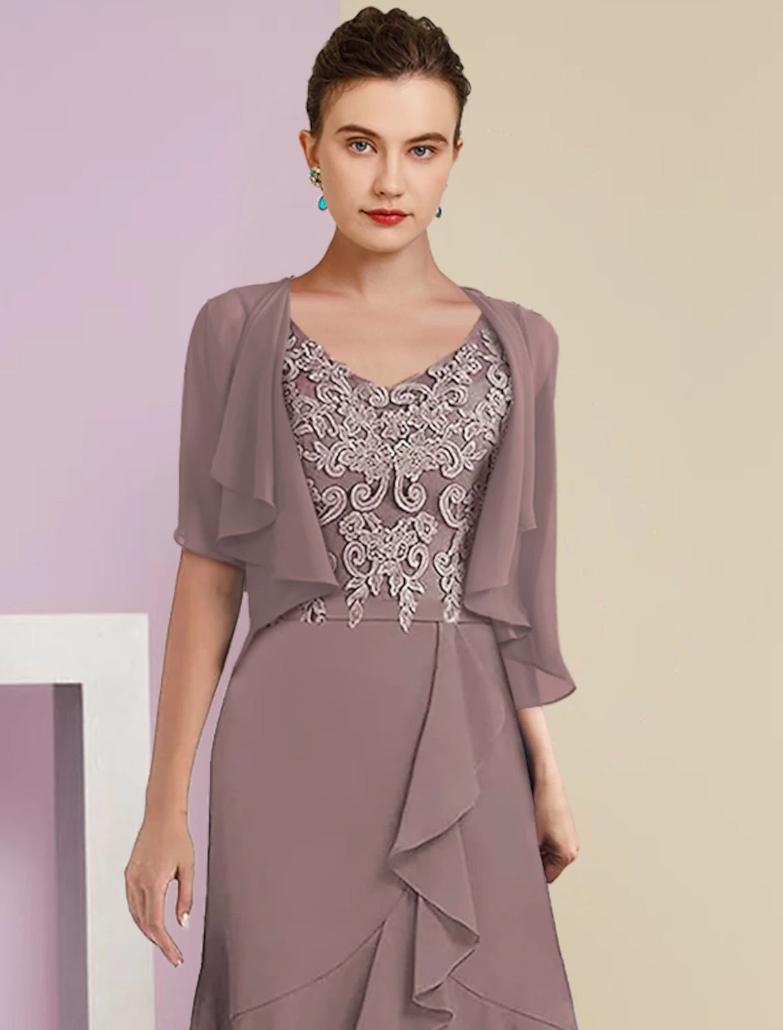 Two Piece A-Line Mother of the Bride Dress Formal Fall Wedding Guest Elegant High Low V Neck Asymmetrical Tea Length Chiffon Lace Short Sleeve 3/4 Length Sleeve Wrap Included with Applique