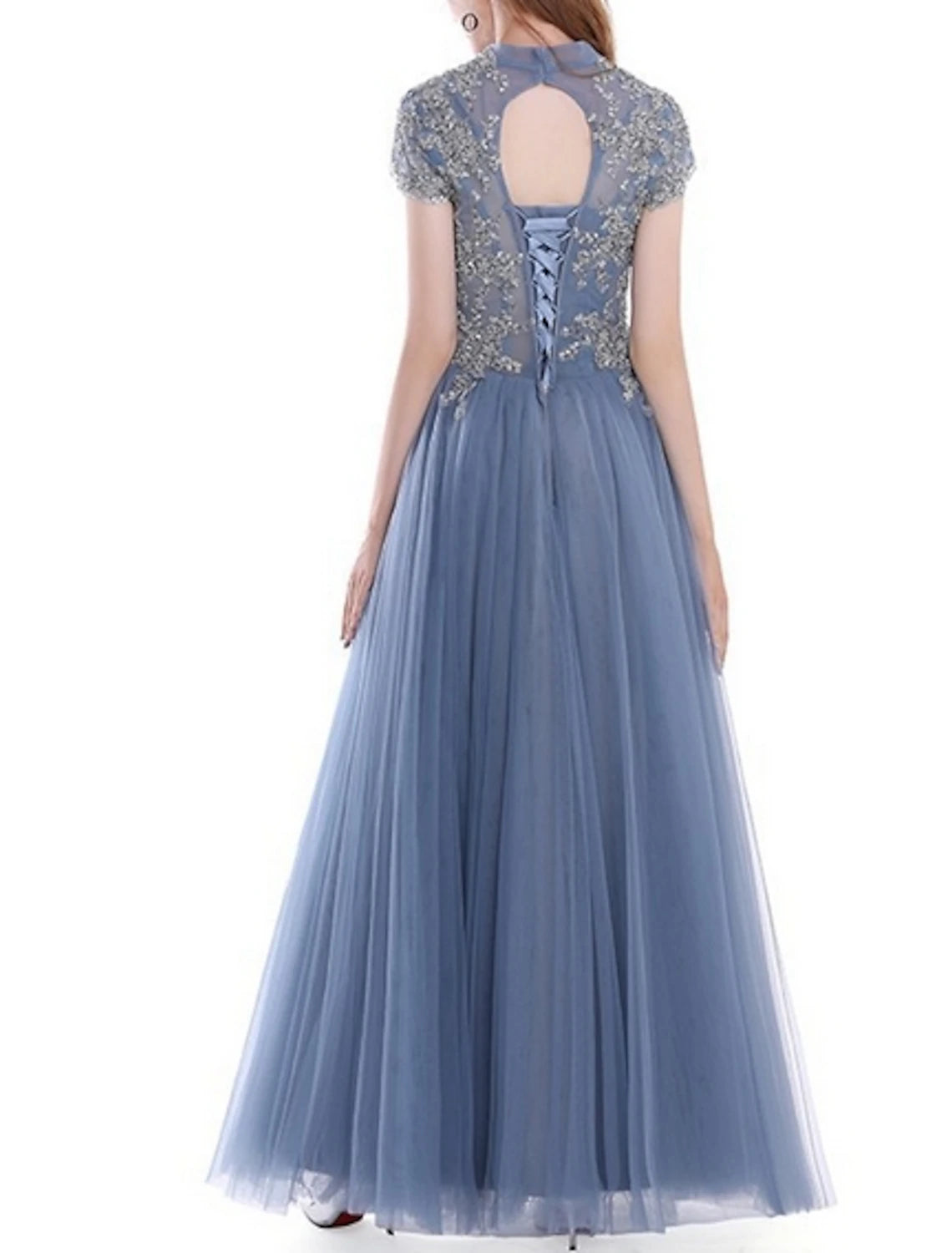 A-Line Evening Gown Quinceanera Floor Length Short Sleeve High Neck Tulle with Pleats Appliques