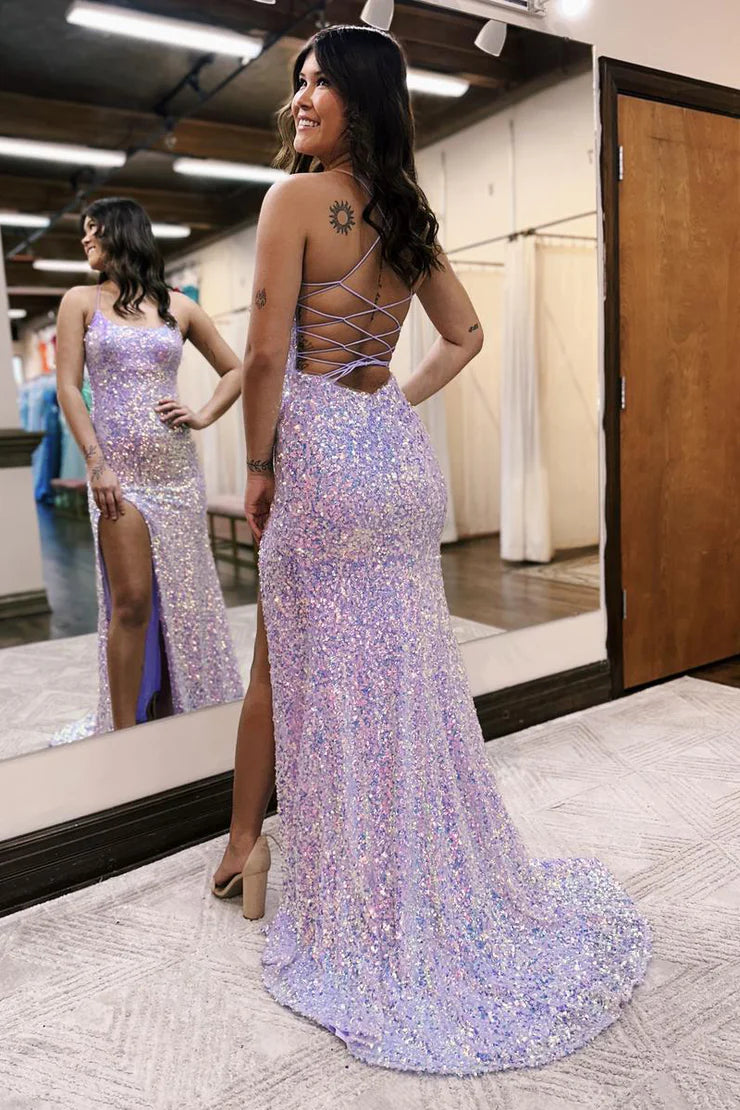Mermaid Spaghetti Straps Scoop Neck Lavender Sequins Long Prom Dresses with Slit