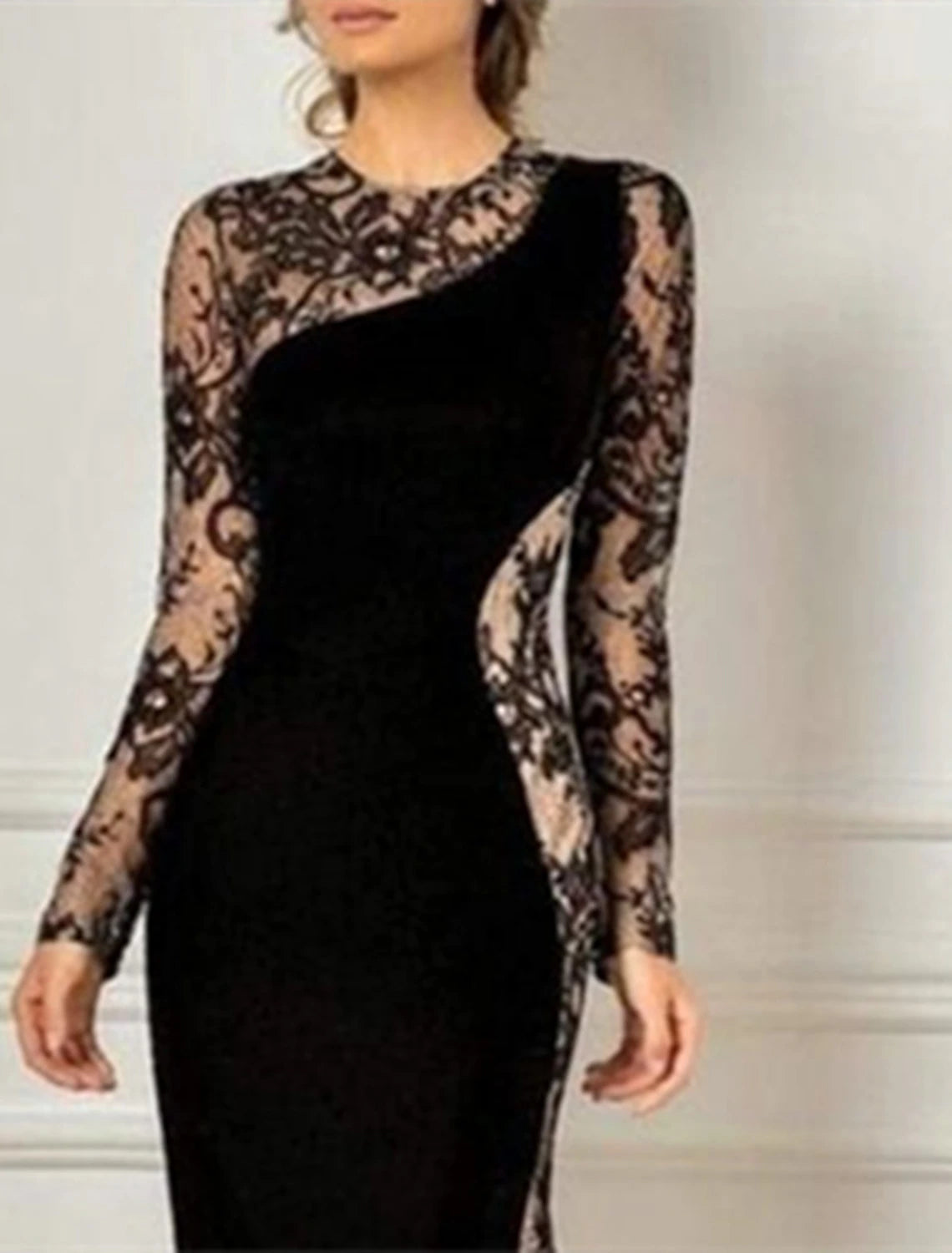 Wedding Guest Dress Floor Length Lace Velvet Jewel Neck Long Sleeve Mother of the Bride Dress