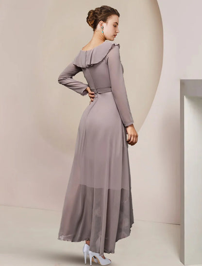 A-Line Mother of the Bride Dress Wedding Guest Elegant V Neck Asymmetrical Ankle Length Chiffon Long Sleeve with Ruffles Solid Color