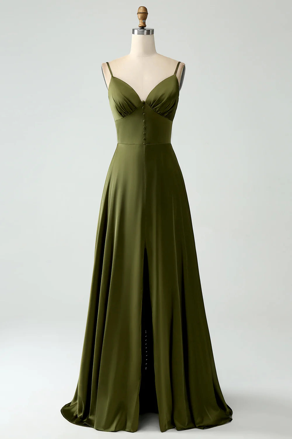 A-Line Spaghetti Straps Olive Satin Long Bridesmaid Dress