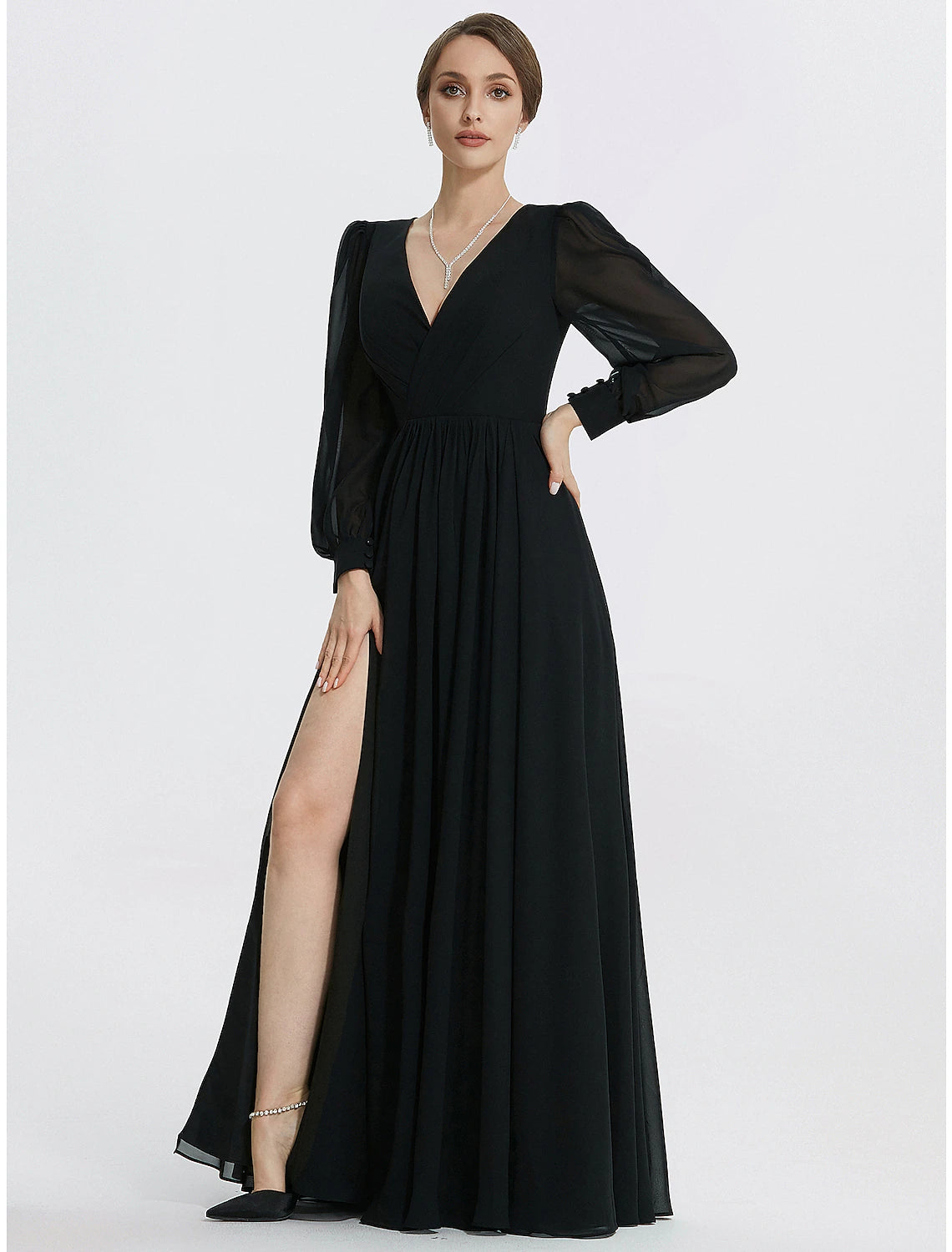 A-Line Evening Gown Elegant Dress Formal Floor Length Long Sleeve V Neck Chiffon with Slit