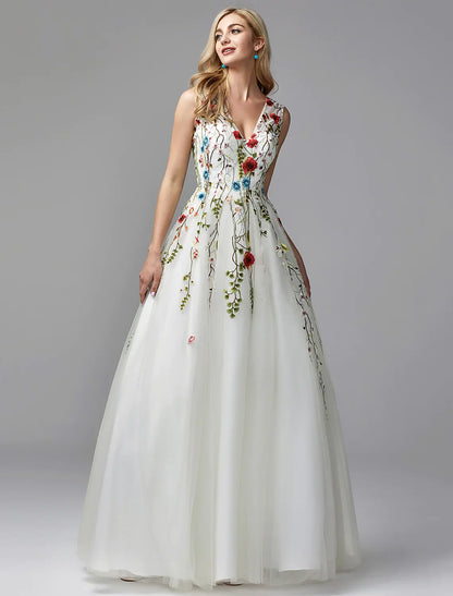 A-Line  Dresses White Dress Homecoming Floor Length Sleeveless V Neck Lace with Embroidery Appliques