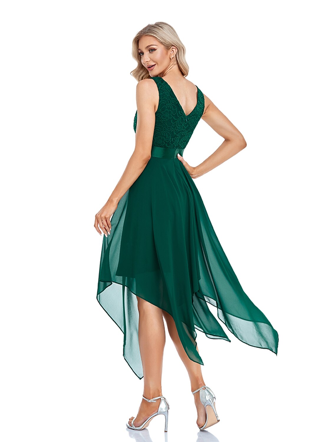 A-Line Cocktail Dresses Elegant Dress Wedding Guest Homecoming Asymmetrical Sleeveless V Neck Chiffon V Back with Pure Color Splicing