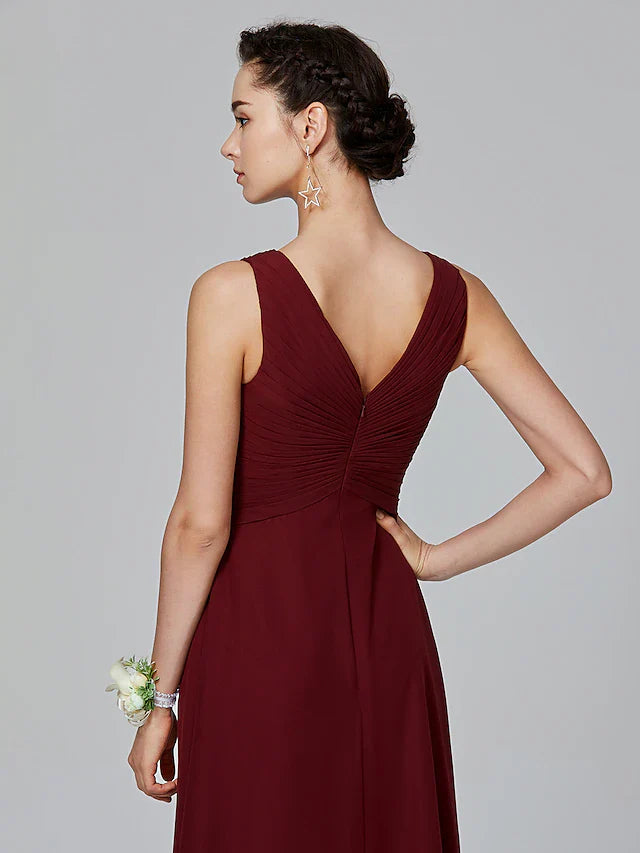 A-Line Bridesmaid Dress V Neck Sleeveless Floor Length Chiffon with Criss Cross / Side Draping