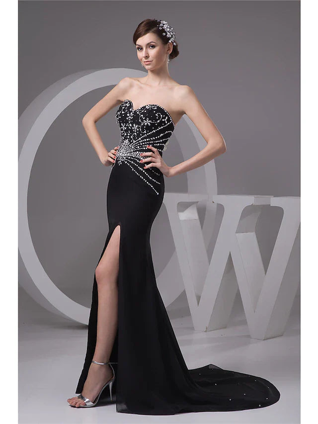 Mermaid / Trumpet Evening Gown Sexy Dress Formal Evening Court Train Sleeveless Sweetheart Chiffon with Beading Slit