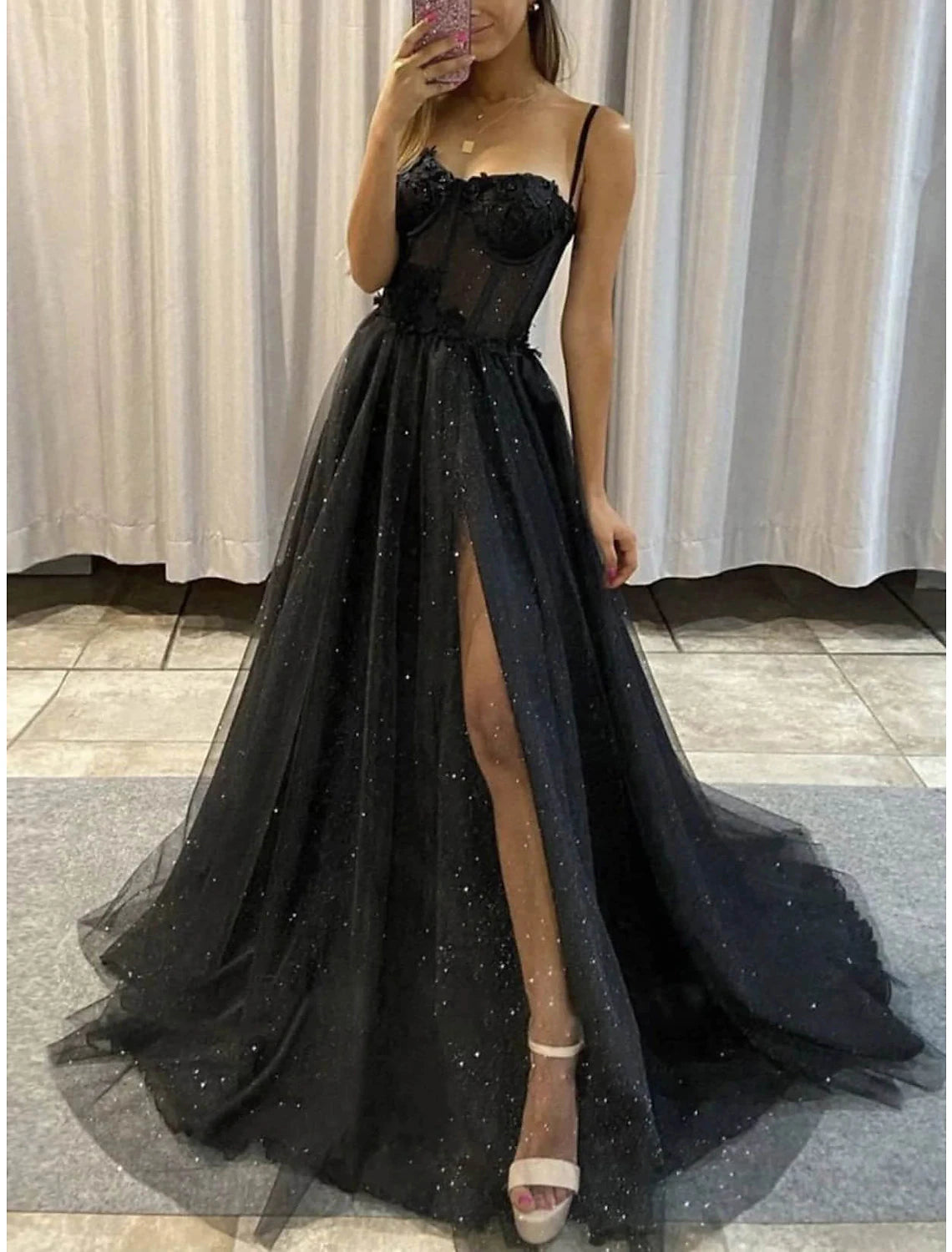 A-Line Prom Dresses Glitter Black Dress Plus Size Wedding Dresses Formal Gothic Dress Floor Length Sleeveless Sweetheart Spaghetti Tulle with Slit