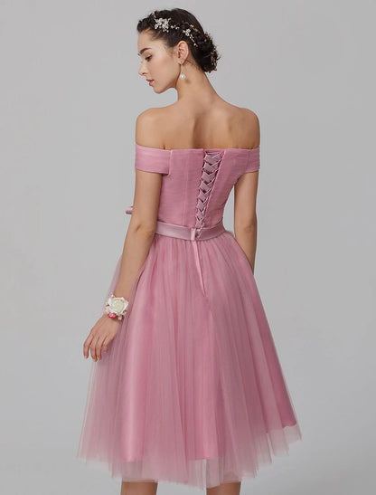 A-Line Off Shoulder Knee Length Tulle Bridesmaid Dress with Sash / Ribbon / Side Draping