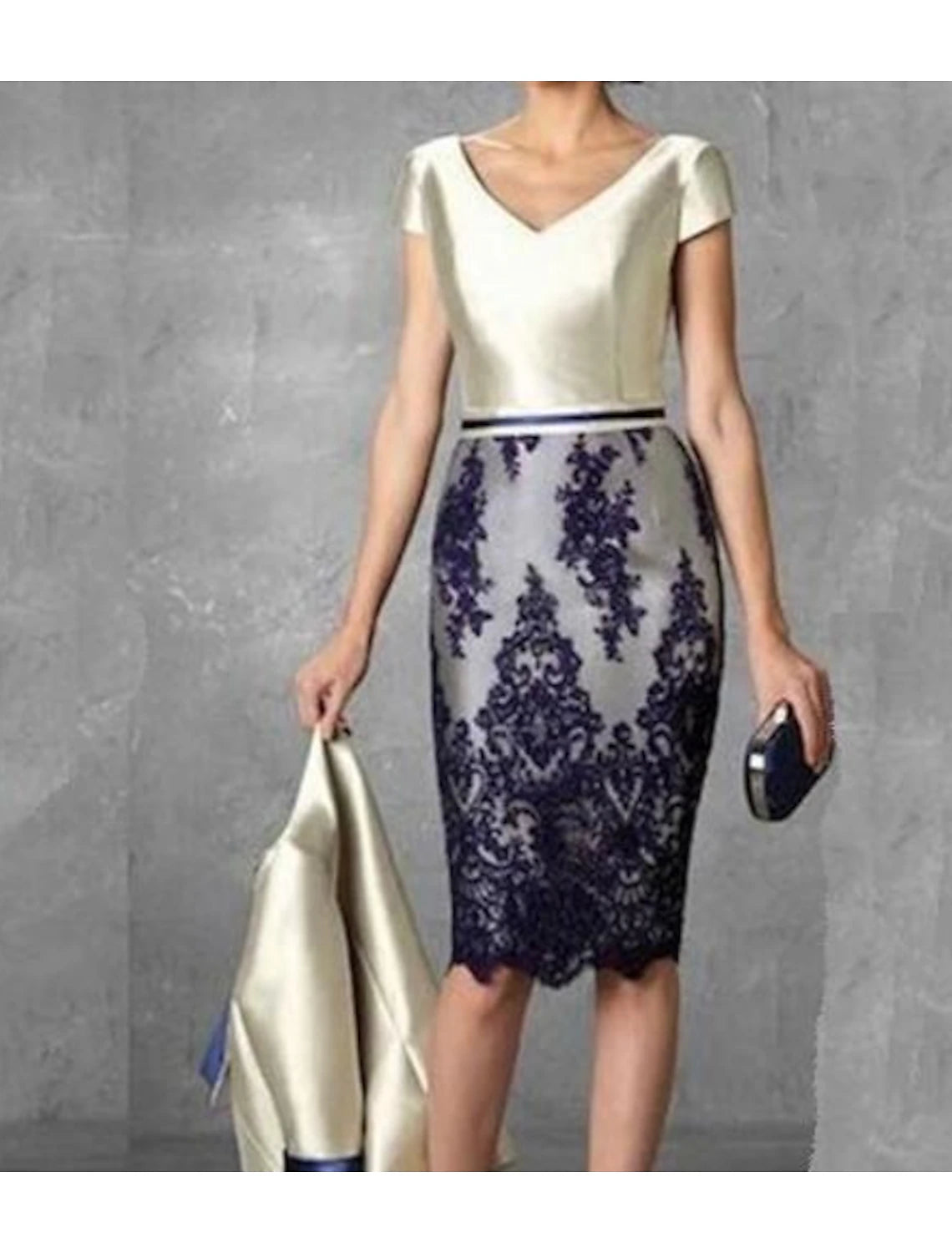 Mother of the Bride Dress Plus Size Sheath / Column  V Neck Knee Length Two Pieces Wedding Guest Party Dress Satin Lace 3/4 Length Sleeve Jacket Dresses