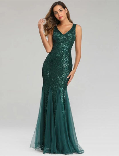 Mermaid / Trumpet Sparkle Sexy Party Wear Formal Evening Dress V Neck Sleeveless Floor Length Sequined with Sequin