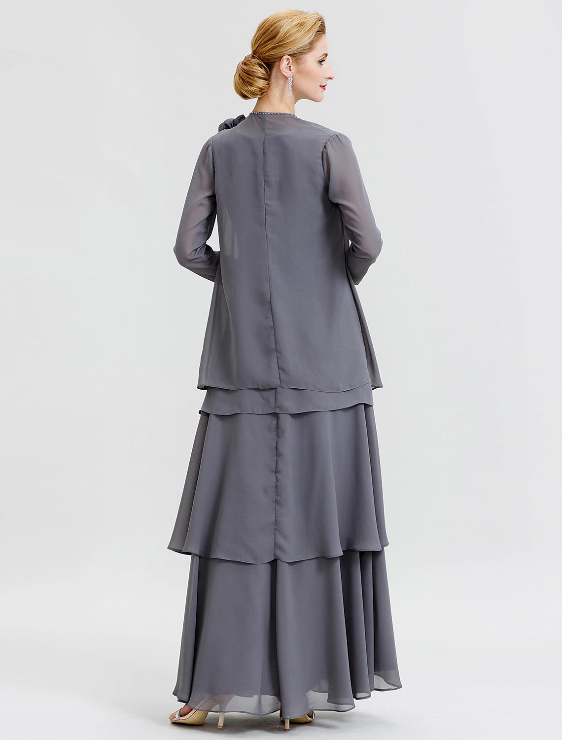 A-Line  Floral Tiered  Scoop Neck Floor Length Wedding Guest Party Dress Chiffon Long Sleeve Wrap Included Mother of the Bride Dress with Beading Flower