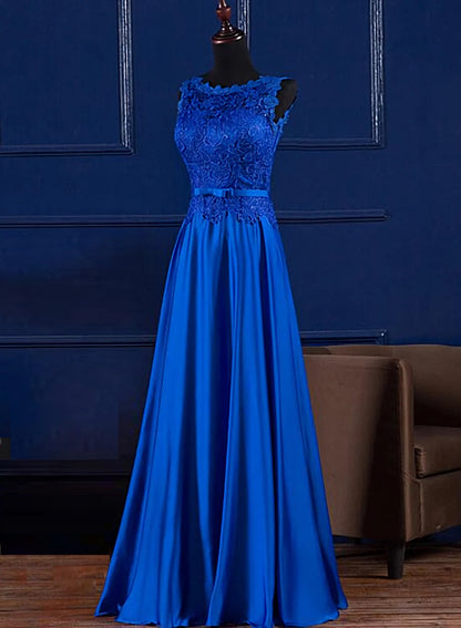 A-Line Formal Floor Length Sleeveless Long  Blue Satin Prom Dress Bridesmaid Dress  Wedding Guest Dresses