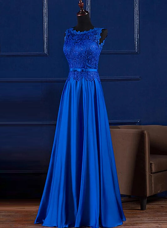 A-Line Formal Floor Length Sleeveless Long  Blue Satin Prom Dress Bridesmaid Dress  Wedding Guest Dresses