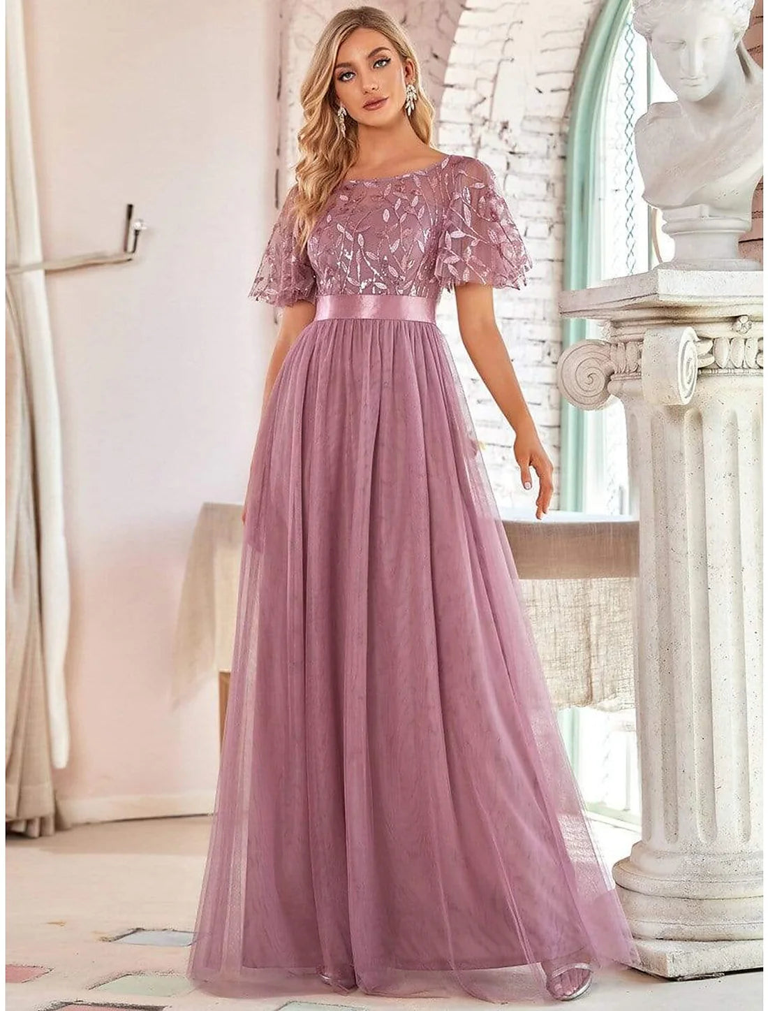 A-Line Elegant Party Wear Prom Dress Jewel Neck Short Sleeve Floor Length Tulle with Embroidery / Illusion Sleeve