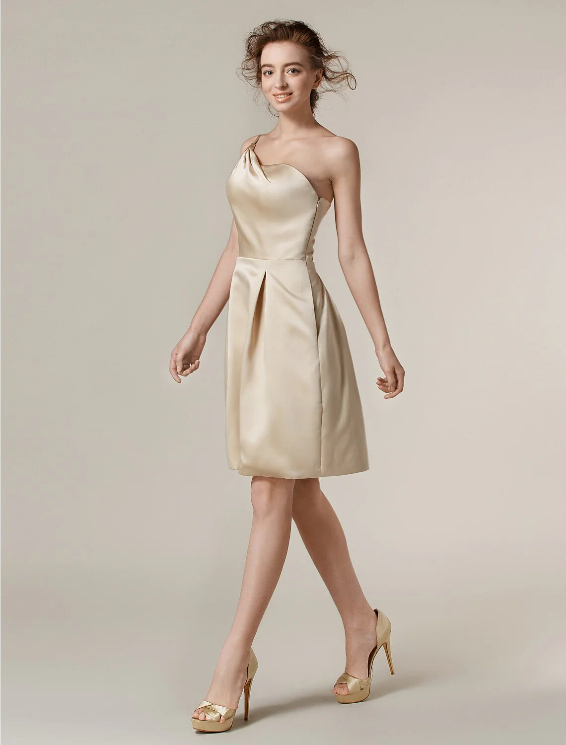 A-Line One Shoulder Knee Length Satin Bridesmaid Dress with Side Draping