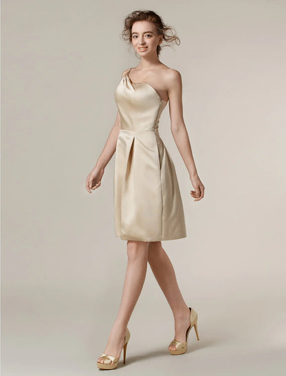 A-Line One Shoulder Knee Length Satin Bridesmaid Dress with Side Draping