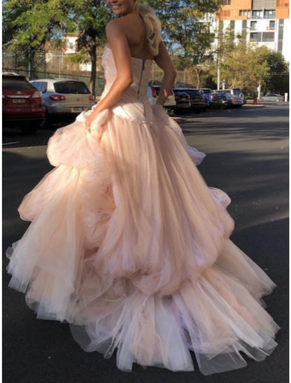 A-Line Evening Gown Elegant Dress Formal Court Train Sleeveless Strapless Tulle with Pleats Ruched