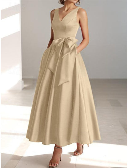 A-Line Cocktail Dresses Elegant Dress Wedding Guest Tea Length Sleeveless V Neck Pocket Satin with Bow(s)