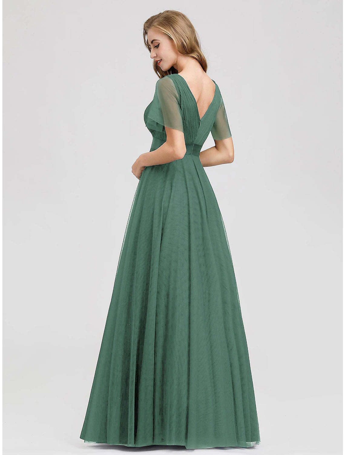 A-Line Evening Gown Empire Dress Wedding Guest Prom Floor Length Short Sleeve V Neck Bridesmaid Dress Chiffon V Back with Pleats Ruched