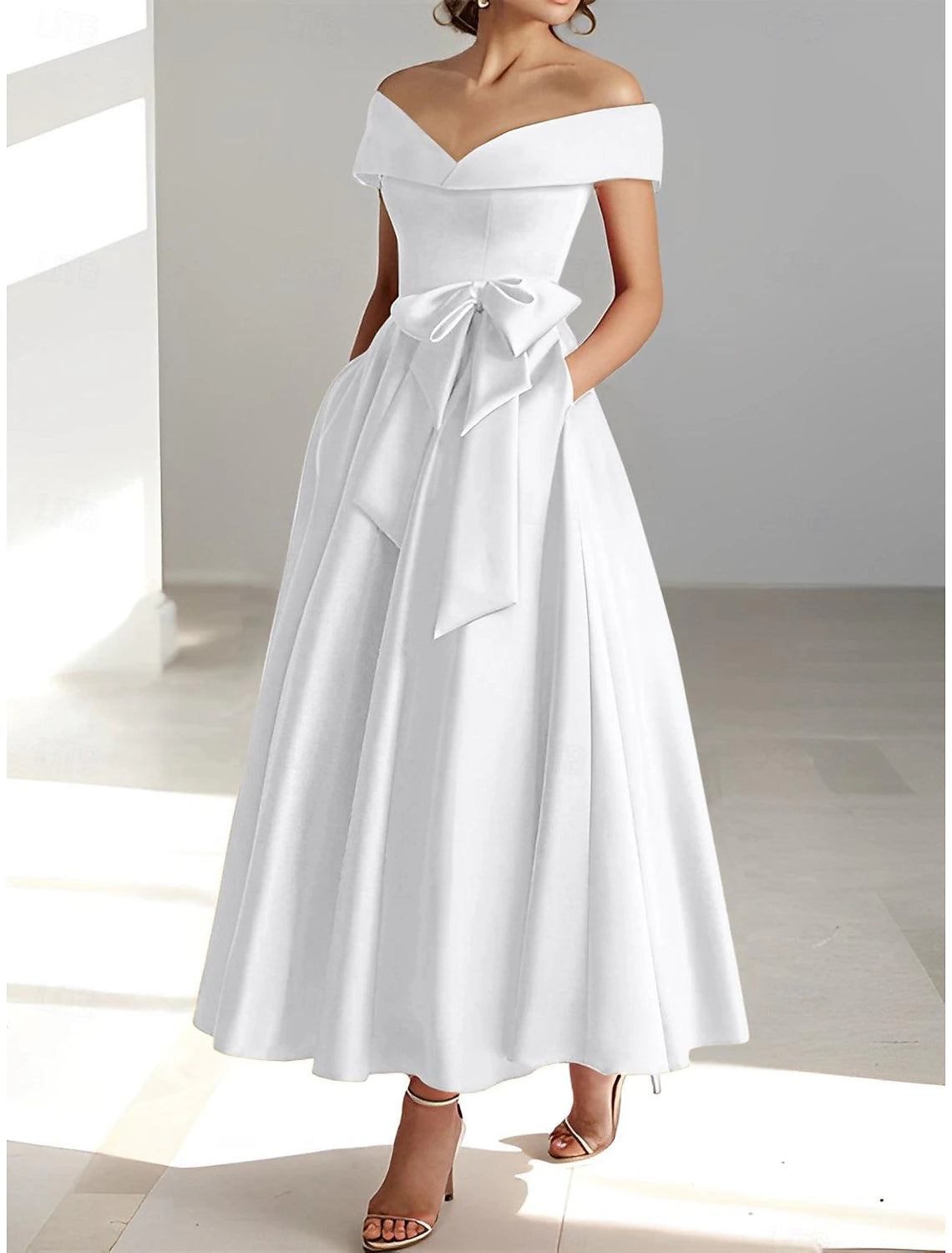 A-Line Cocktail Dresses Elegant Dress Wedding Guest Kentucky Derby Tea Length Short Sleeve Off Shoulder Pocket Satin with Bow(s)