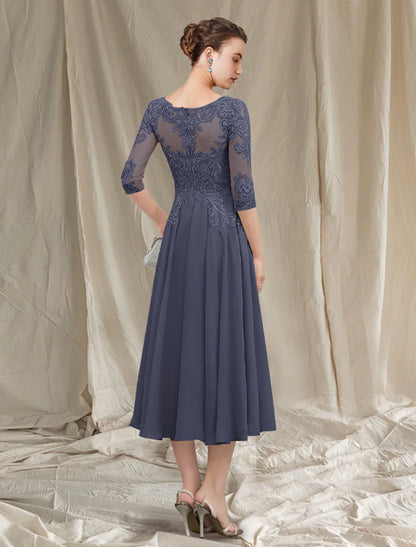 A-Line Mother of the Bride Dress Elegant Jewel Neck Tea Length Chiffon Lace Half Sleeve with Pleats Appliques