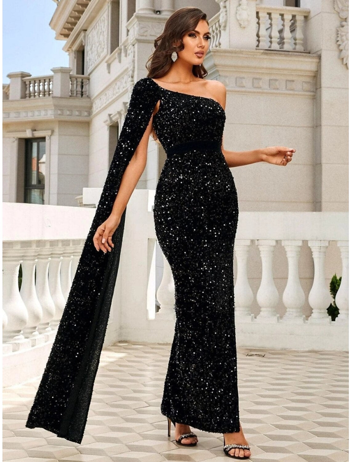 Mermaid / Trumpet Evening Gown Black Elegant Dress Formal Ankle Length Sleeveless One Shoulder Sequined with Glitter Slit