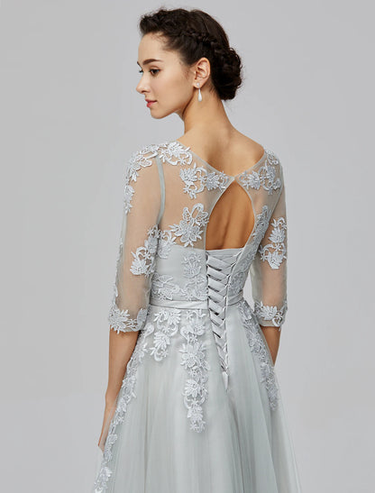 A-Line Empire Dress Wedding Guest Prom Floor Length Half Sleeve Illusion Neck Tulle with Bow(s) Appliques