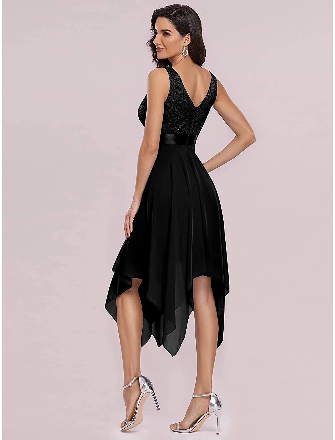 A-Line Cocktail Dresses Elegant Dress Wedding Guest Homecoming Asymmetrical Sleeveless V Neck Chiffon V Back with Pure Color Splicing
