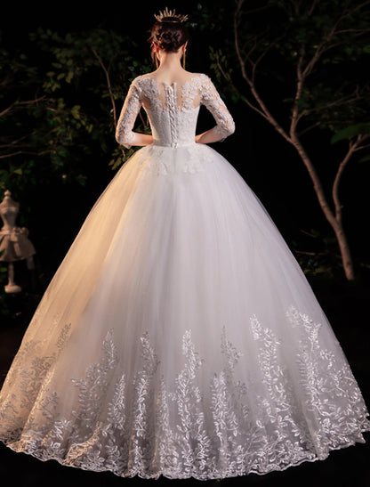 Reception Formal Wedding Dresses Ball Gown Illusion Neck Half Sleeve Floor Length Lace Bridal Gowns With Appliques