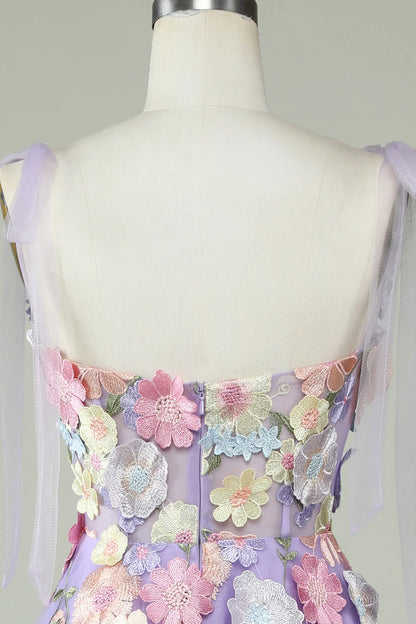 A Line Sweetheart Spaghetti Straps Blue/Purple Tea Length Prom Dress with 3D Flowers