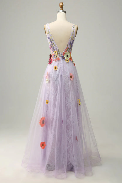 A Line Low V Neck Lavender Long Prom Dress with Appliques