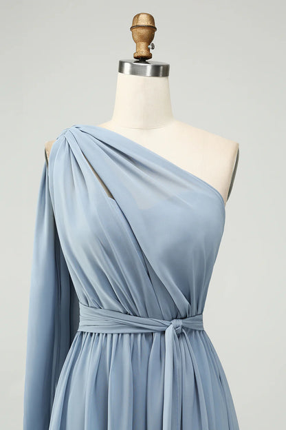 A Line Chiffon One Shoulder Dusty Blue Long Bridesmaid Dress